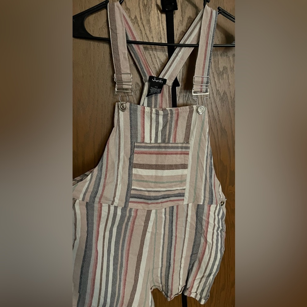Justify multi color striped shorts overalls